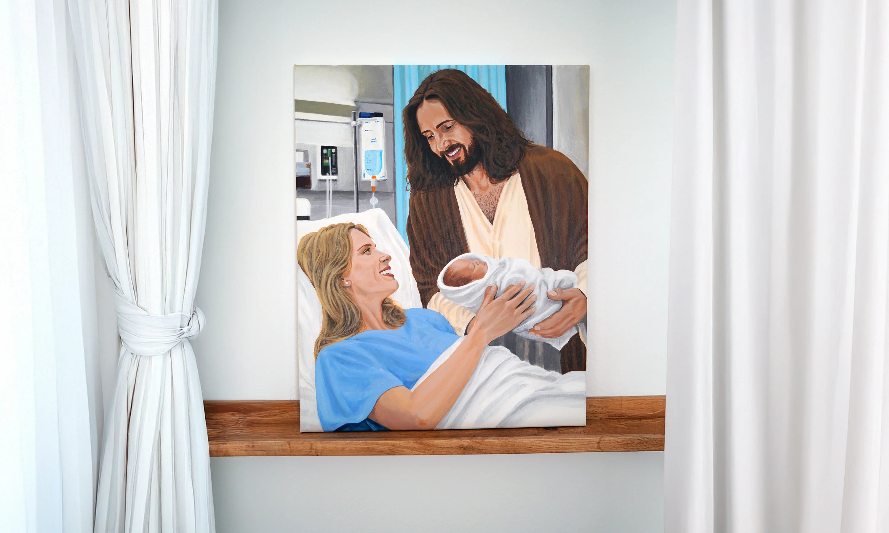 Gemälde: Jesus überreicht einer Frau ihr Baby im Krankenhaus.