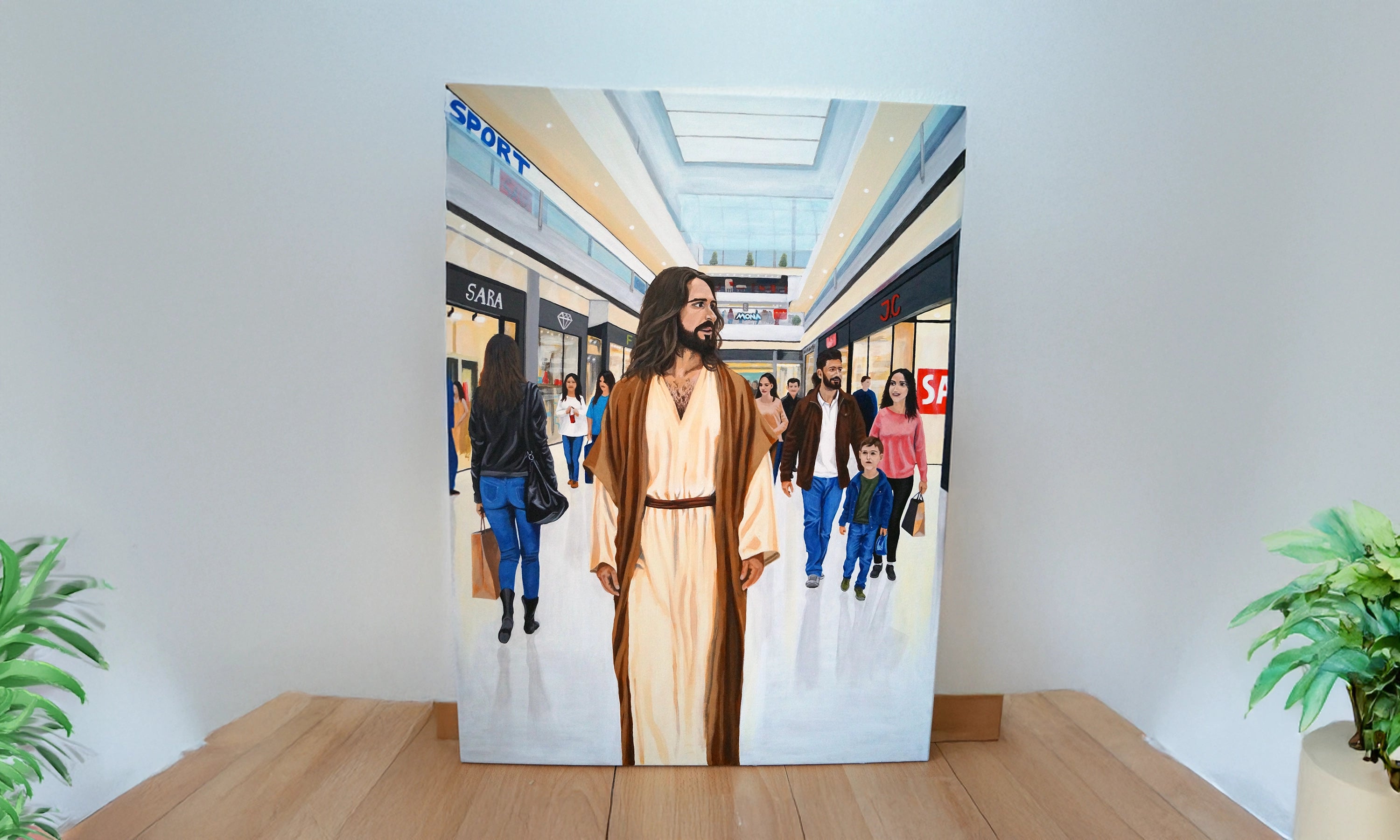 Kunst: Jesus in einem Shopping Center.